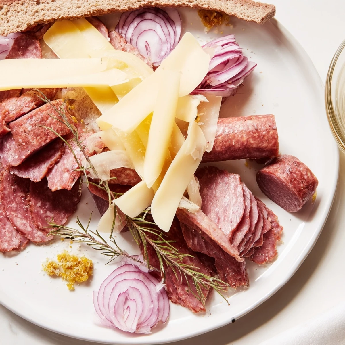 A rustic platter of The Burlap & Lace, piled high with meats, cheeses, and tangy accompaniments.