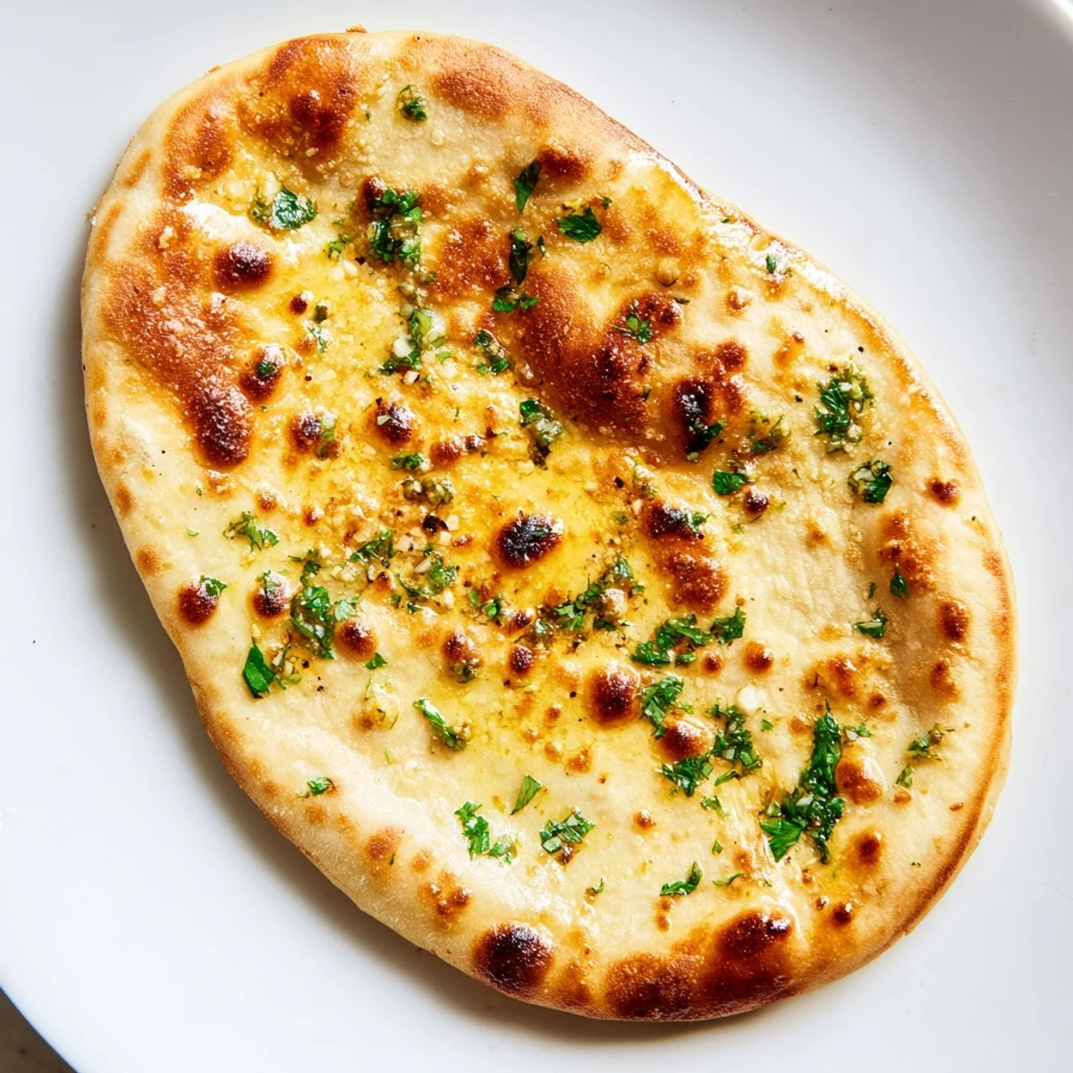 Golden-brown homemade garlic naan bread brushed with garlic butter, ready for savory curries.