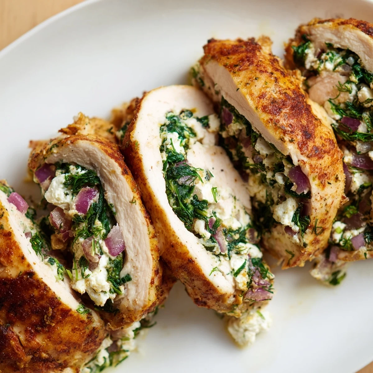 This delicious Spinach Feta Stuffed Chicken shows a perfectly cooked roll with molten cheese spilling out.