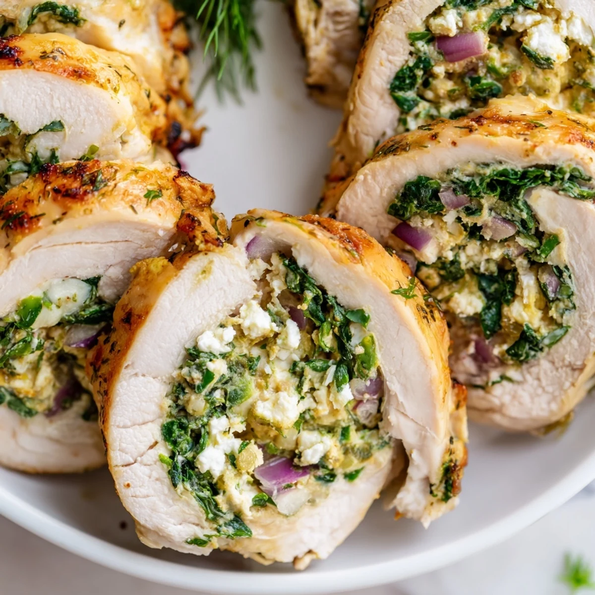 Golden-brown Spinach Feta Stuffed Chicken rolls, ready to serve with a garnish of fresh herbs.