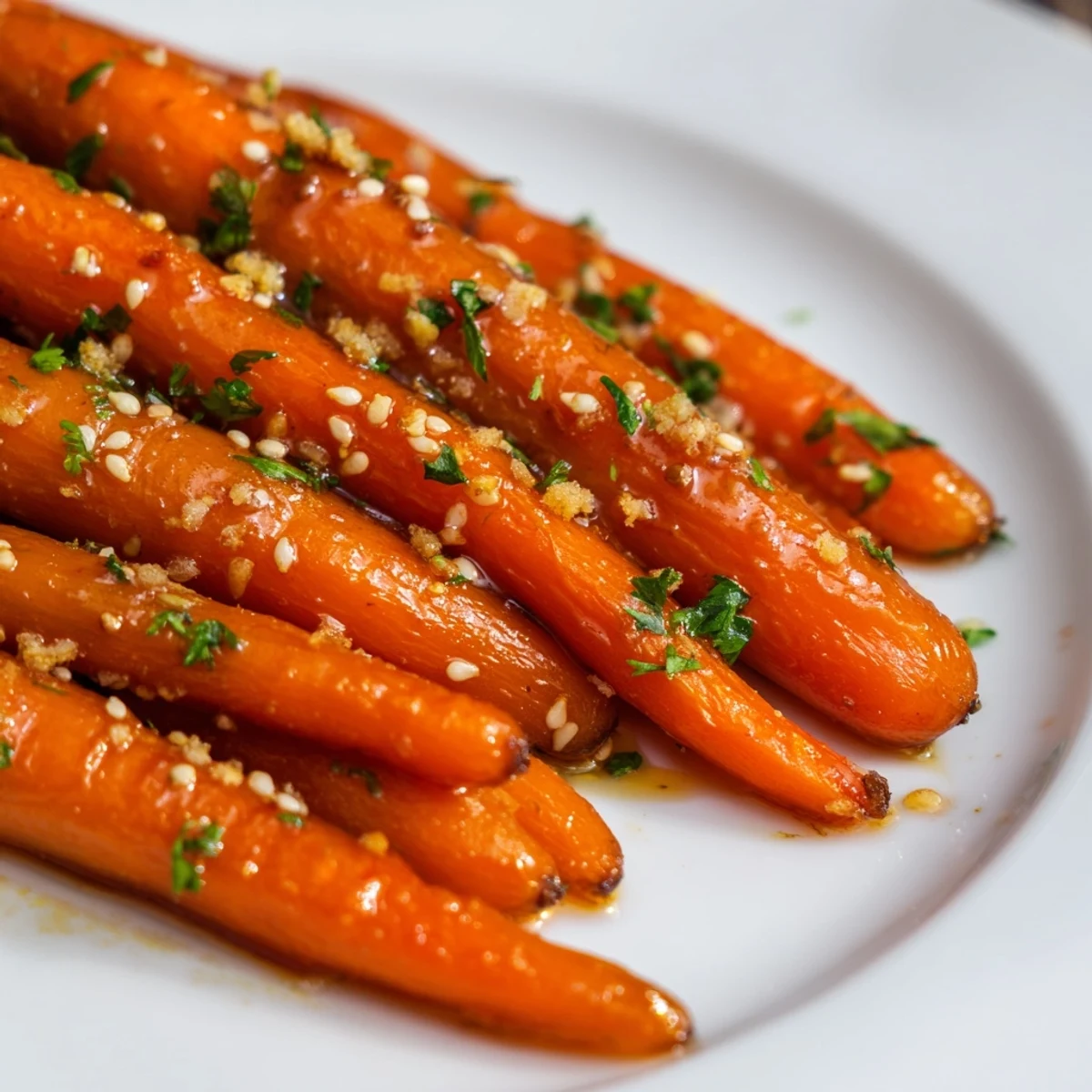 Freshly roasted honey soy carrots, tender and slightly caramelized, perfect for a vegetarian meal.