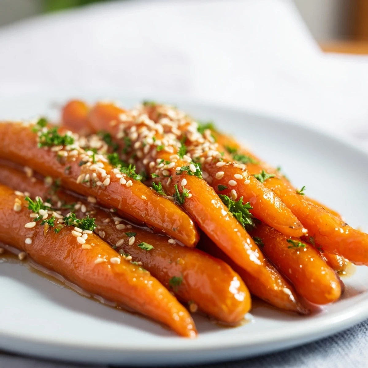 Honey soy roasted carrots glistening with a sweet, sticky glaze ready to serve alongside dinner.