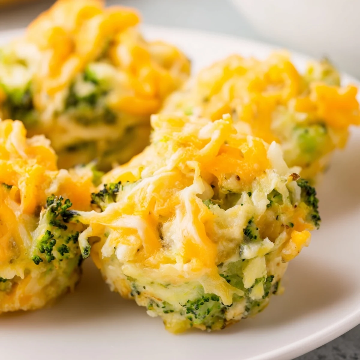 Close-up of baked Cheesy Broccoli Casserole Bites showing a cheesy, savory texture.