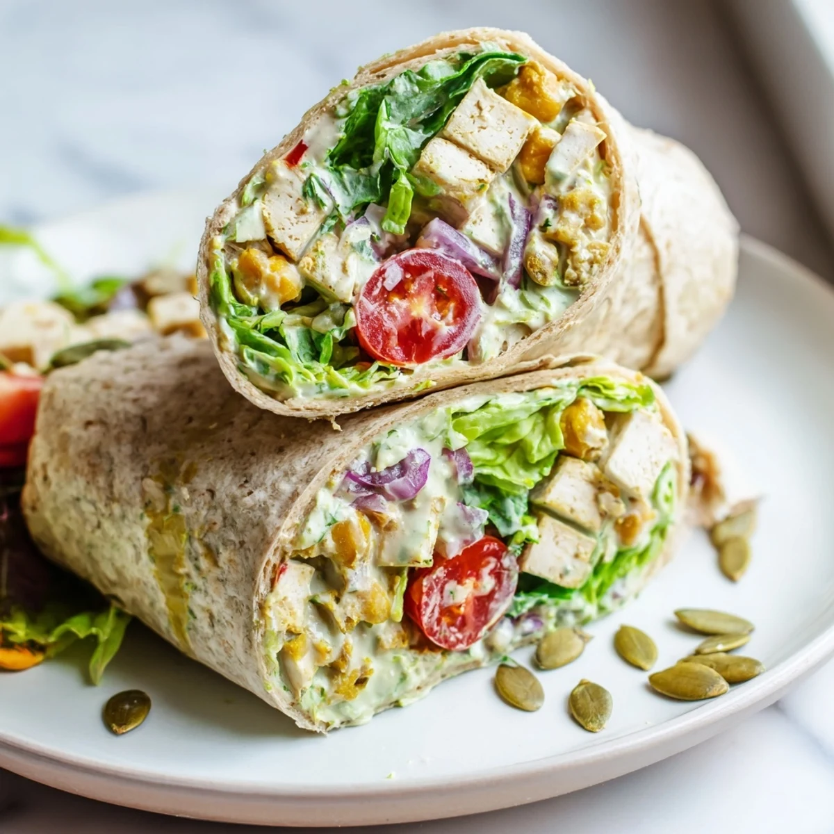 High-Protein Chicken-less Caesar Wrap, bursting with fresh veggies and creamy Caesar dressing.