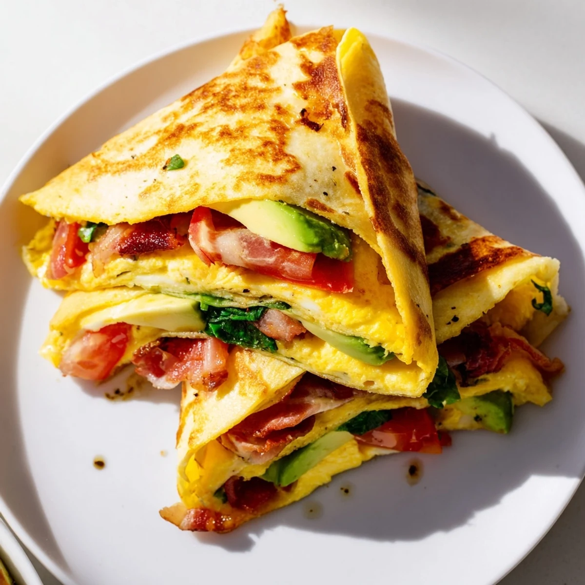 Golden, fully-loaded crispy breakfast wrap with eggs, bacon and cheese, a delicious morning meal.