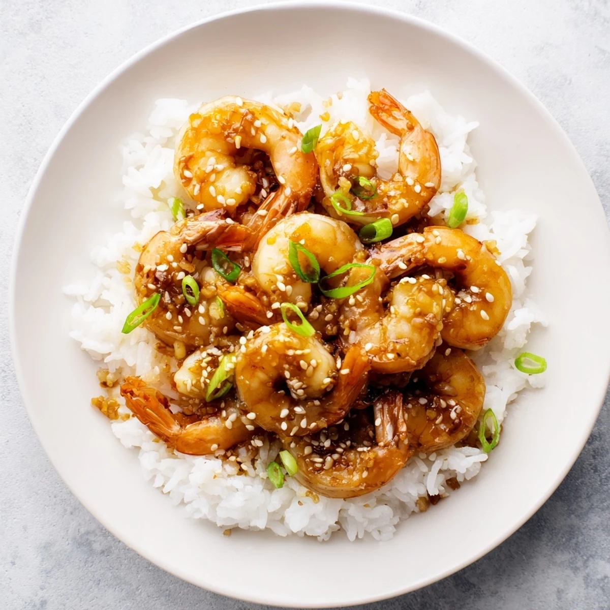 Plump, succulent honey garlic shrimp coated in a glossy sauce, garnished with green onions.