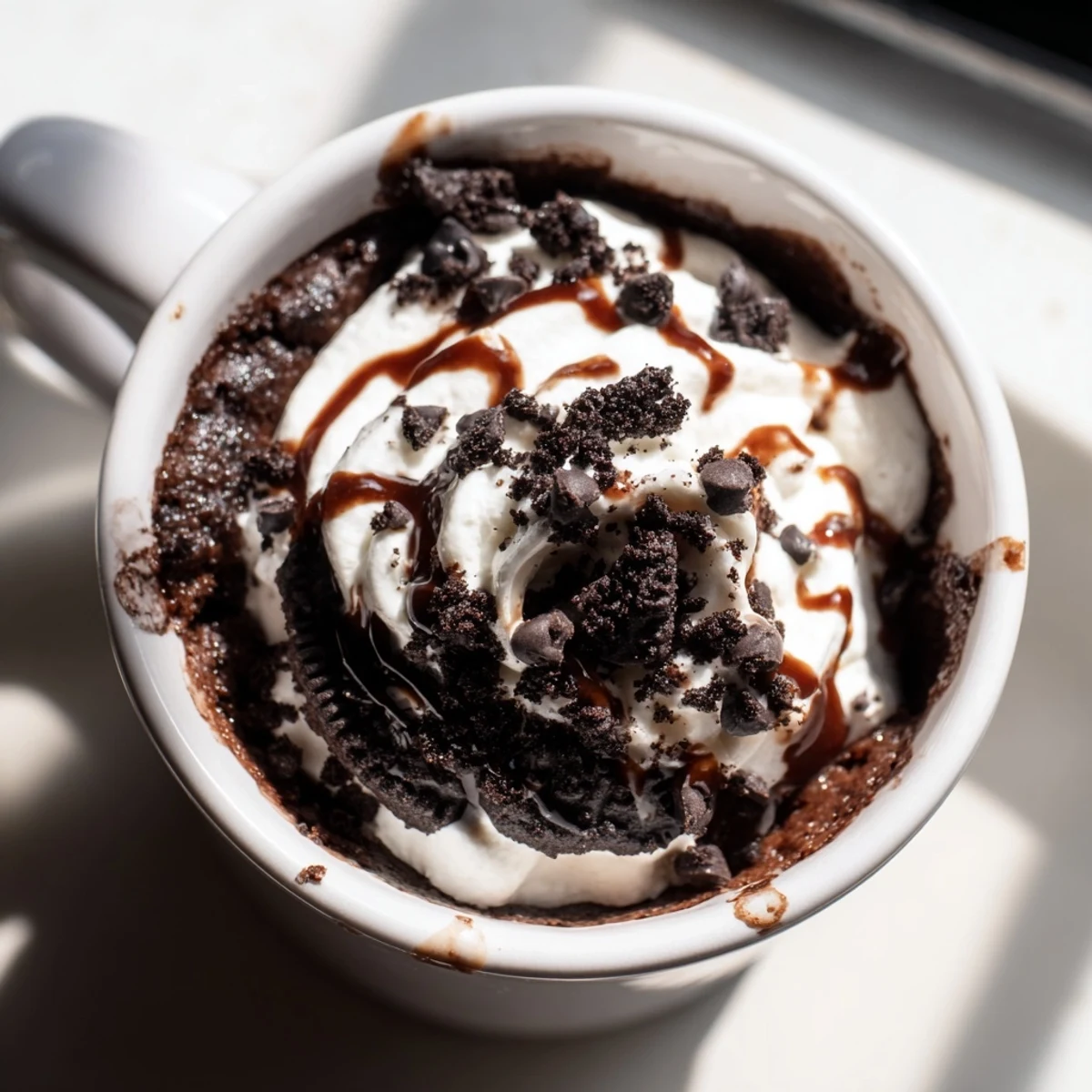 A close-up of a delightful Oreo mug cake, ready to serve with chocolatey goodness and rich flavors.
