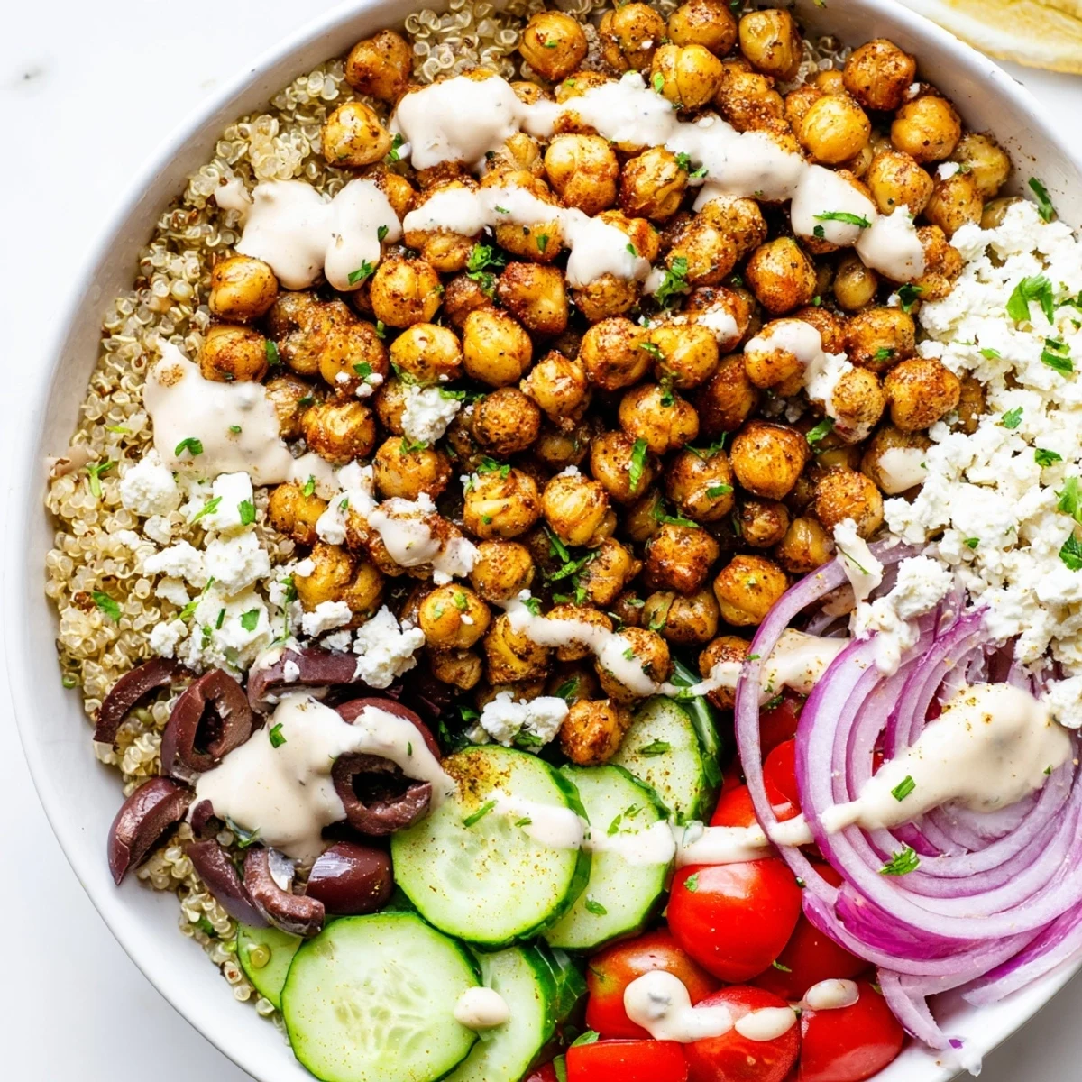 This colorful Mediterranean Chickpea Bowl features fluffy quinoa, vibrant veggies, and creamy tahini dressing drizzled over.