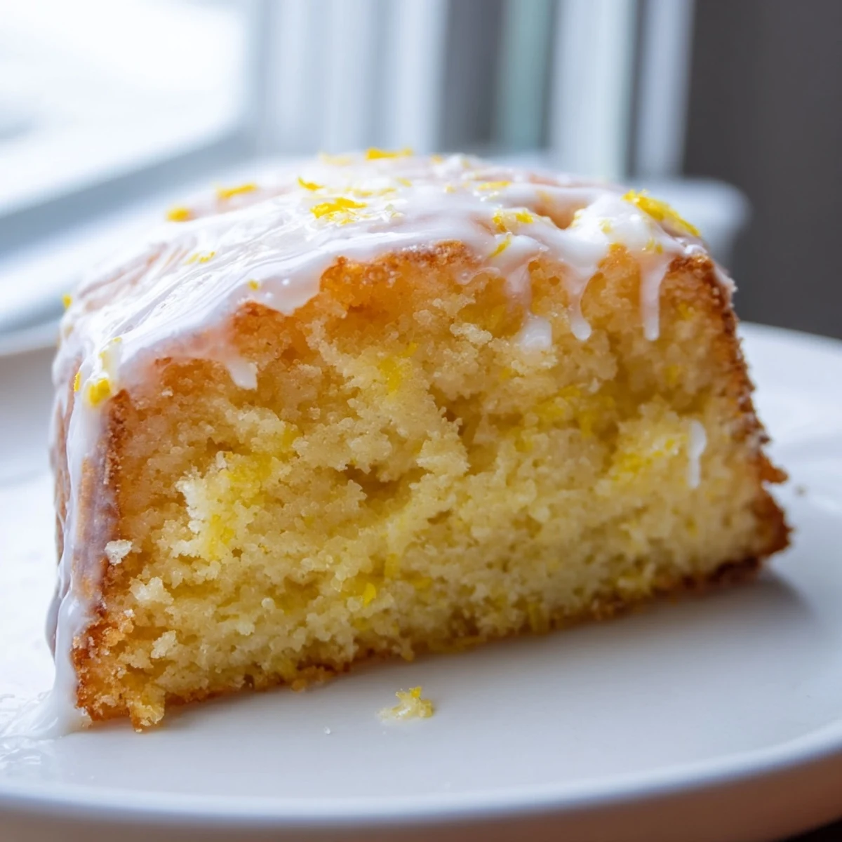 Fluffy Lemon Yogurt Cake, glistening with a lemon glaze, ready for a delightful dessert.
