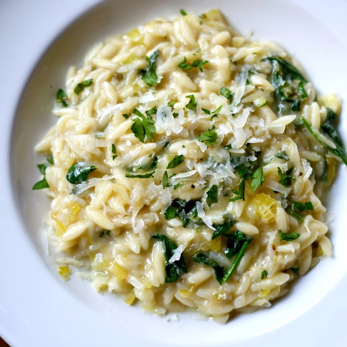 Close-up of a bubbling skillet making delicious one-pot creamy orzo, ready to serve with a spoon.