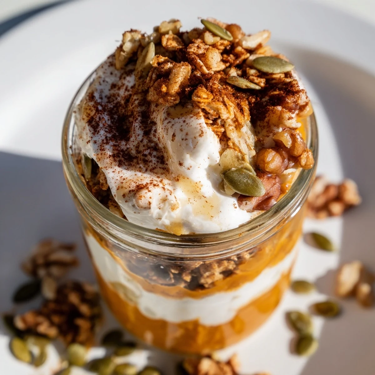 A delightful view: seasonal pumpkin yogurt parfait, layered perfectly, a treat for the eyes and tastebuds.