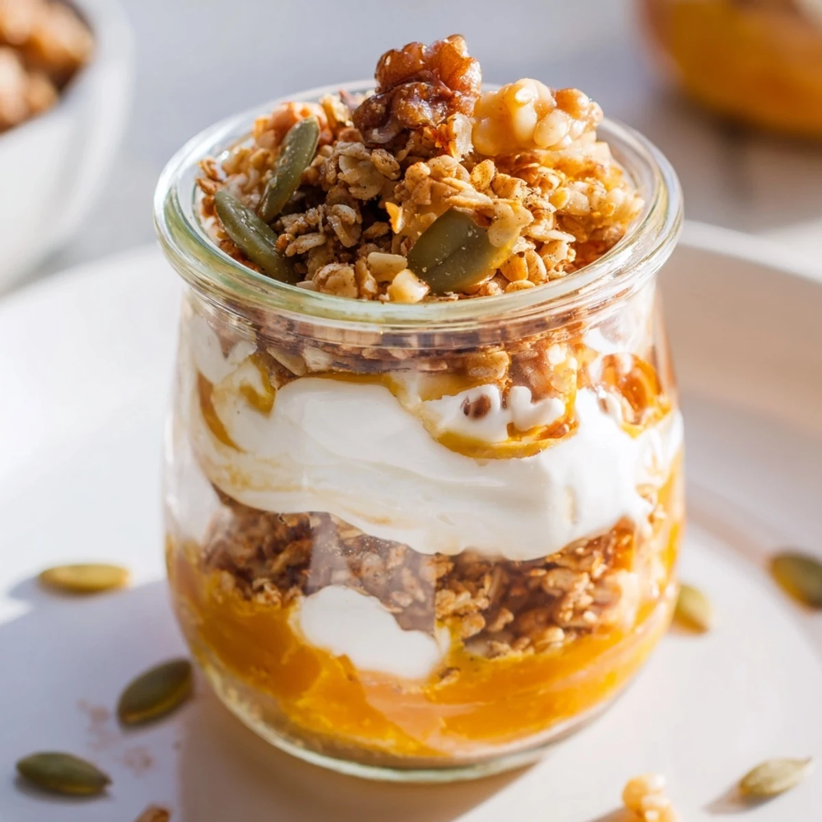 Homemade pumpkin yogurt parfait in a jar, showcasing layers of pumpkin, yogurt, and crunchy granola.