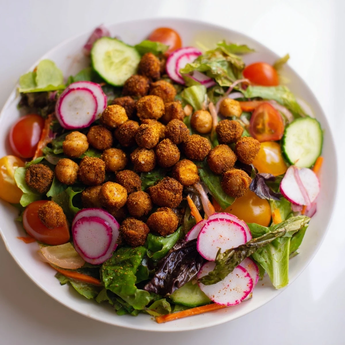 Mixed Greens Salad with Crispy Chickpea Croutons: A fresh salad with crunchy, seasoned chickpeas.