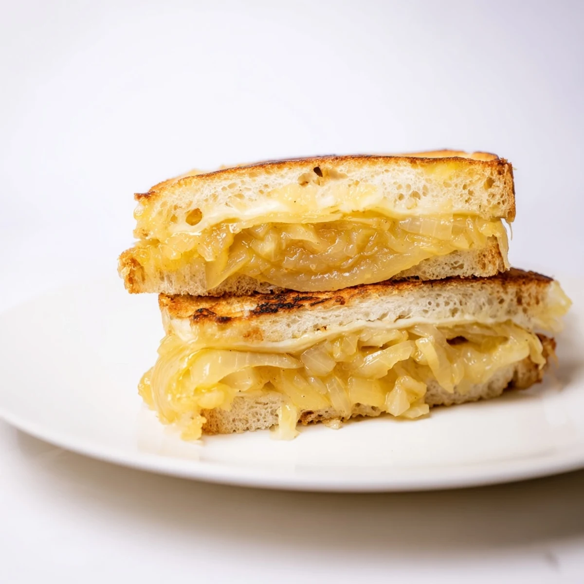 Golden-brown Caramelized Onion and Gruyère Grilled Cheese, oozing melted Gruyère, ready to savor.