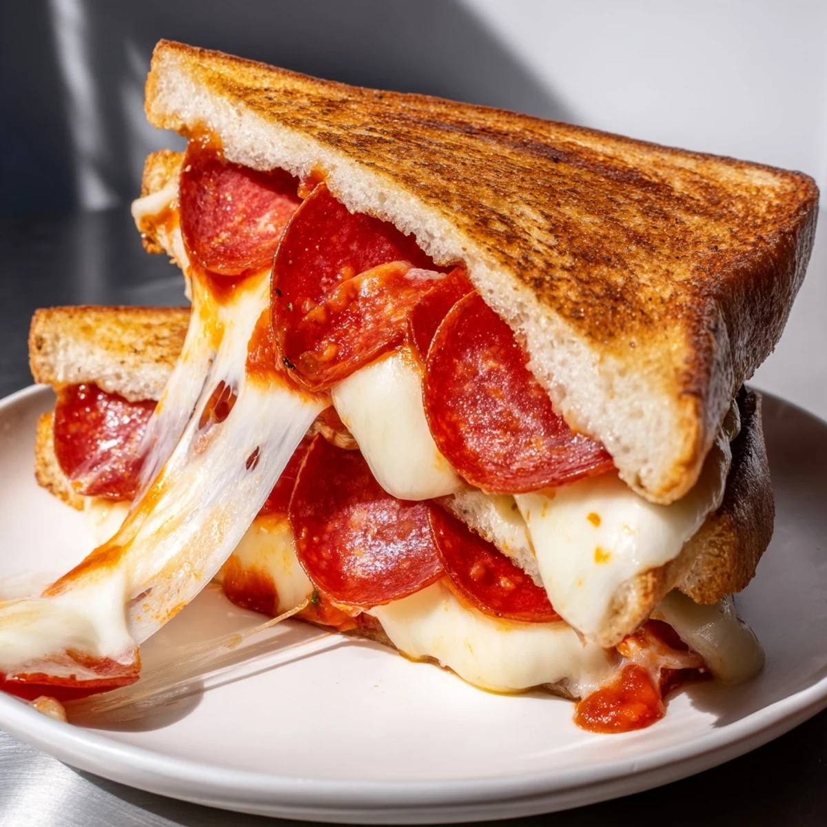 Crispy, toasted Italian bread holds a delicious Pizza Grilled Cheese with warm marinara, cheese and pepperoni.