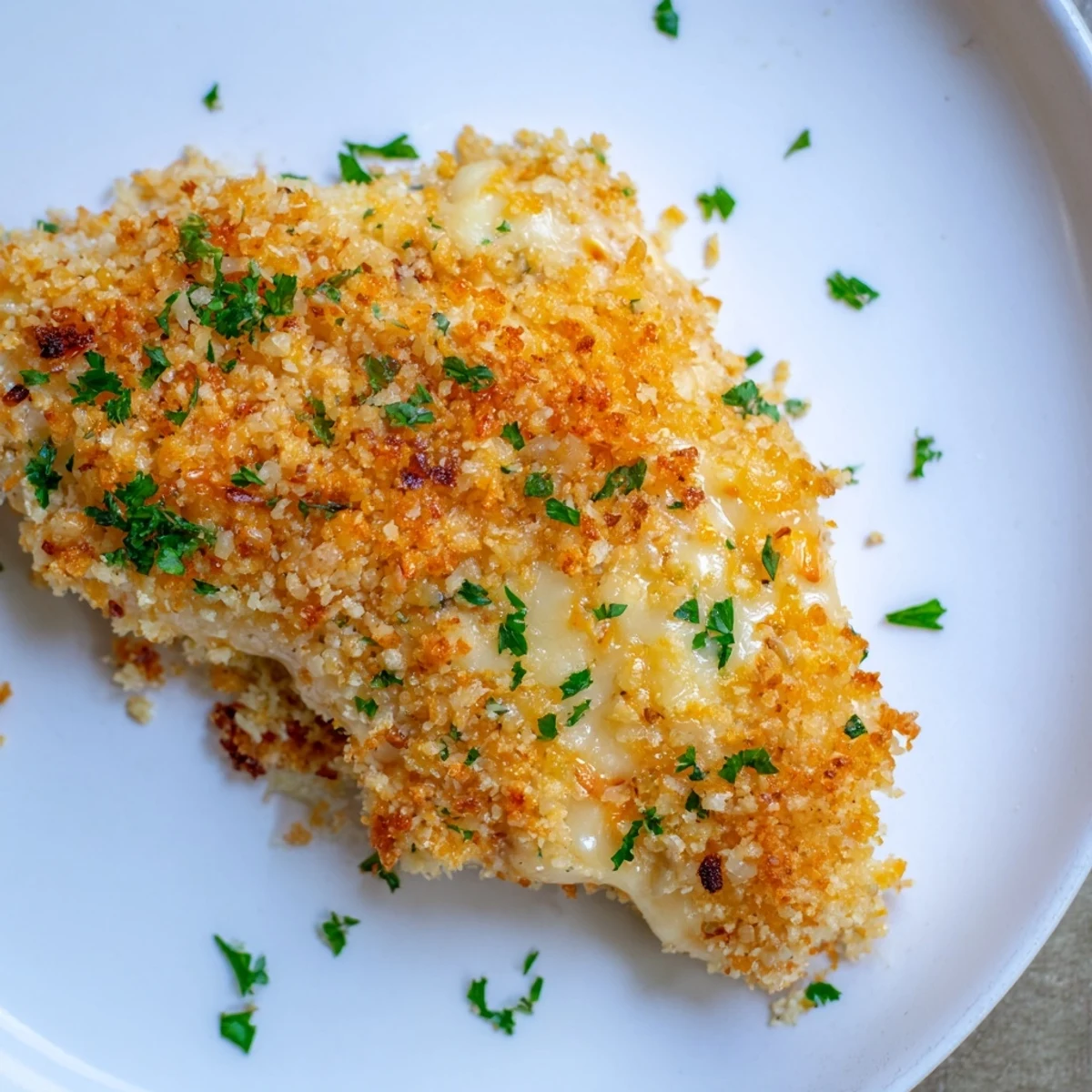 Golden, bubbly cheesy baked chicken breast, a simple American dinner, ready to eat.