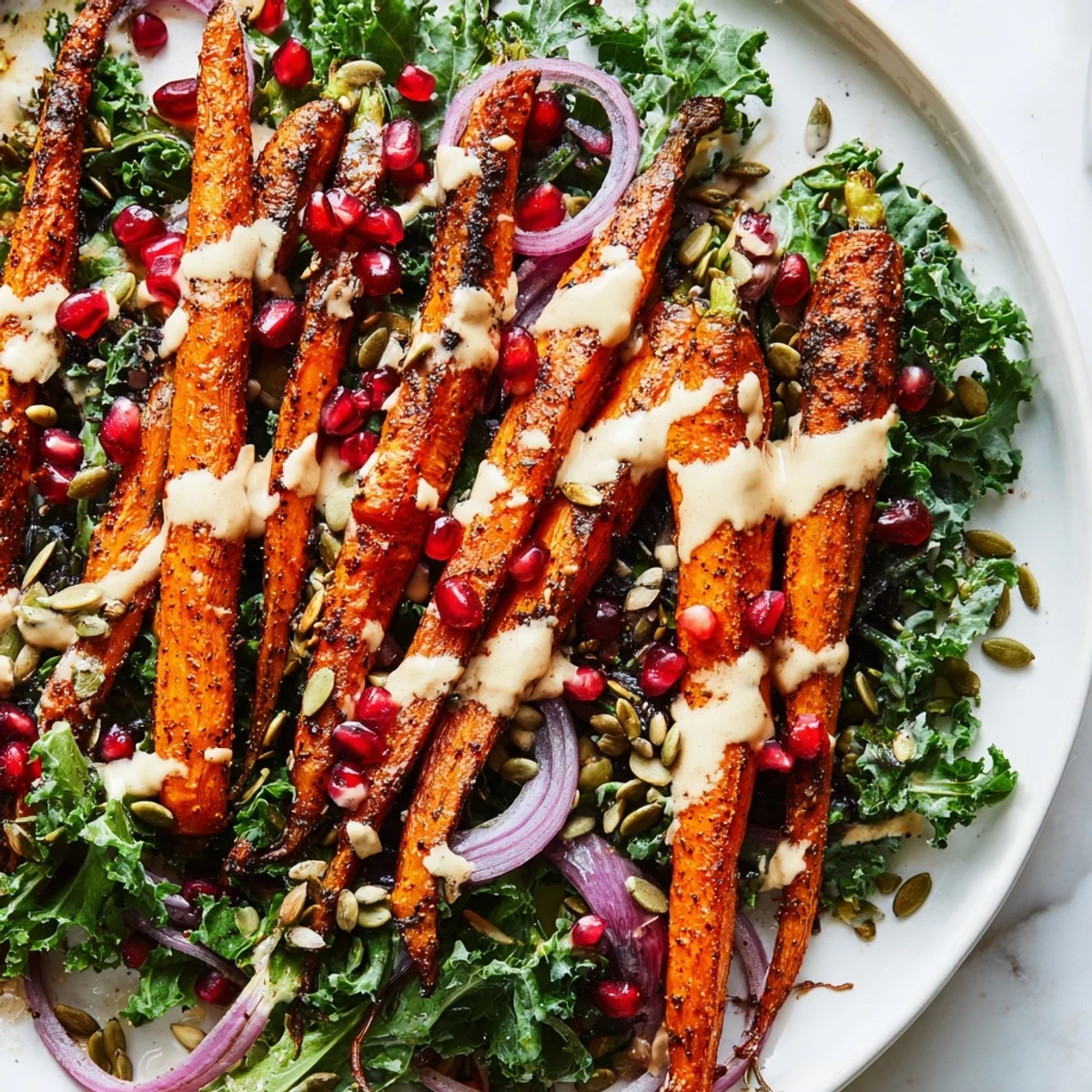 A flavorful Roasted Carrot Salad with tender carrots, fresh greens, and a bright tahini-lemon dressing.