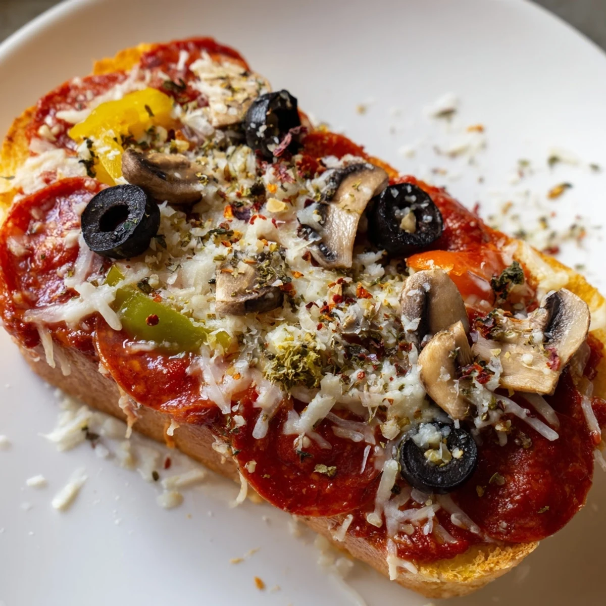 Freshly made Air Fryer Pizza Toast, offering a close-up view of the melted cheese and delicious toppings.