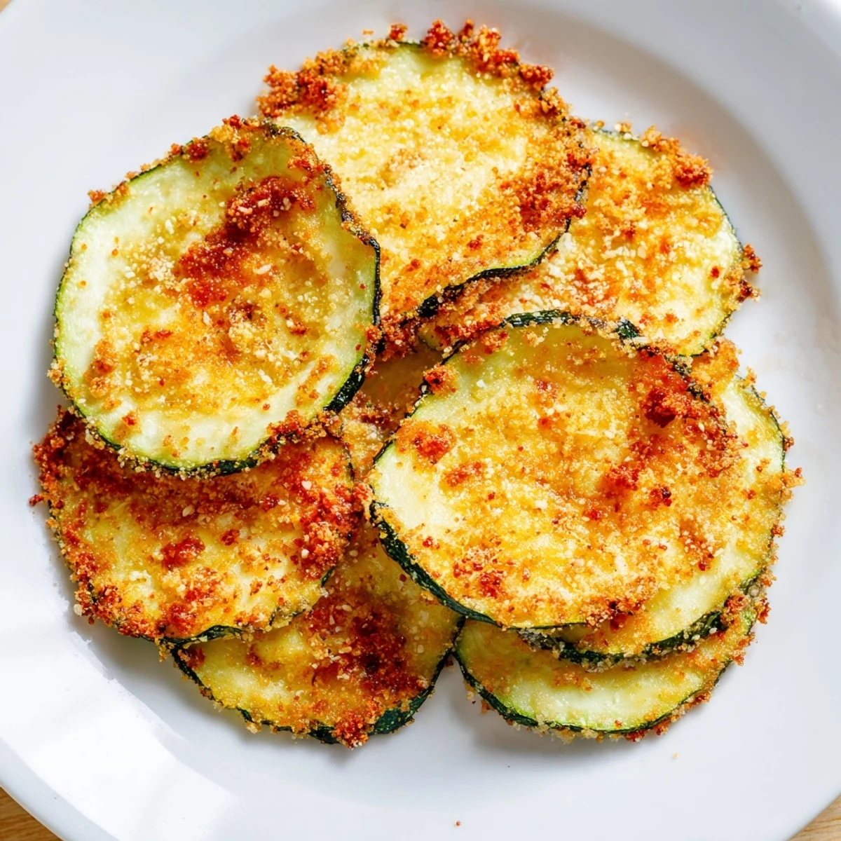 Golden, crispy air-fried zucchini chips, perfect for a crunchy, healthy snack alternative.
