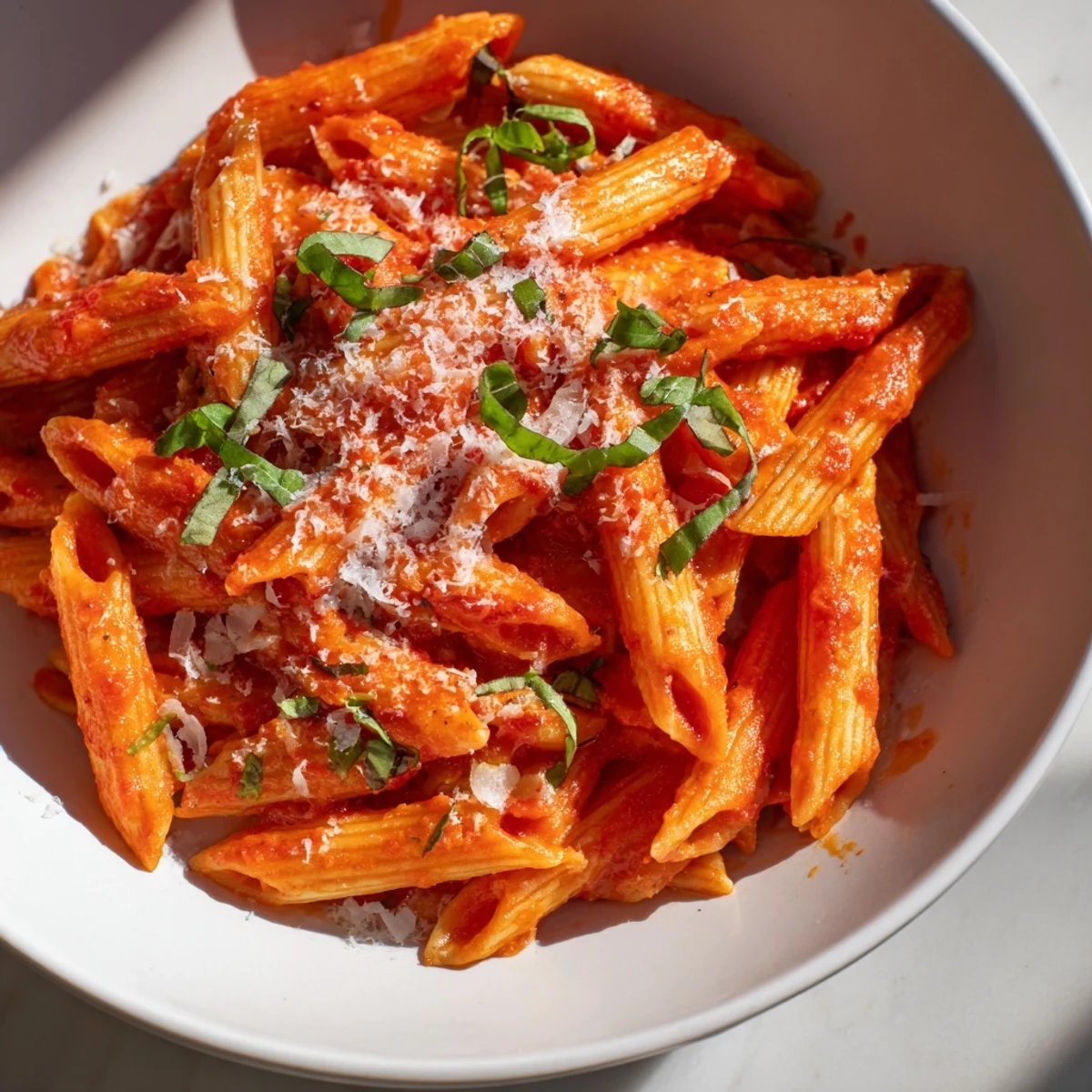 Steaming hot bowl of microwave pasta, perfectly cooked and glistening with marinara sauce.