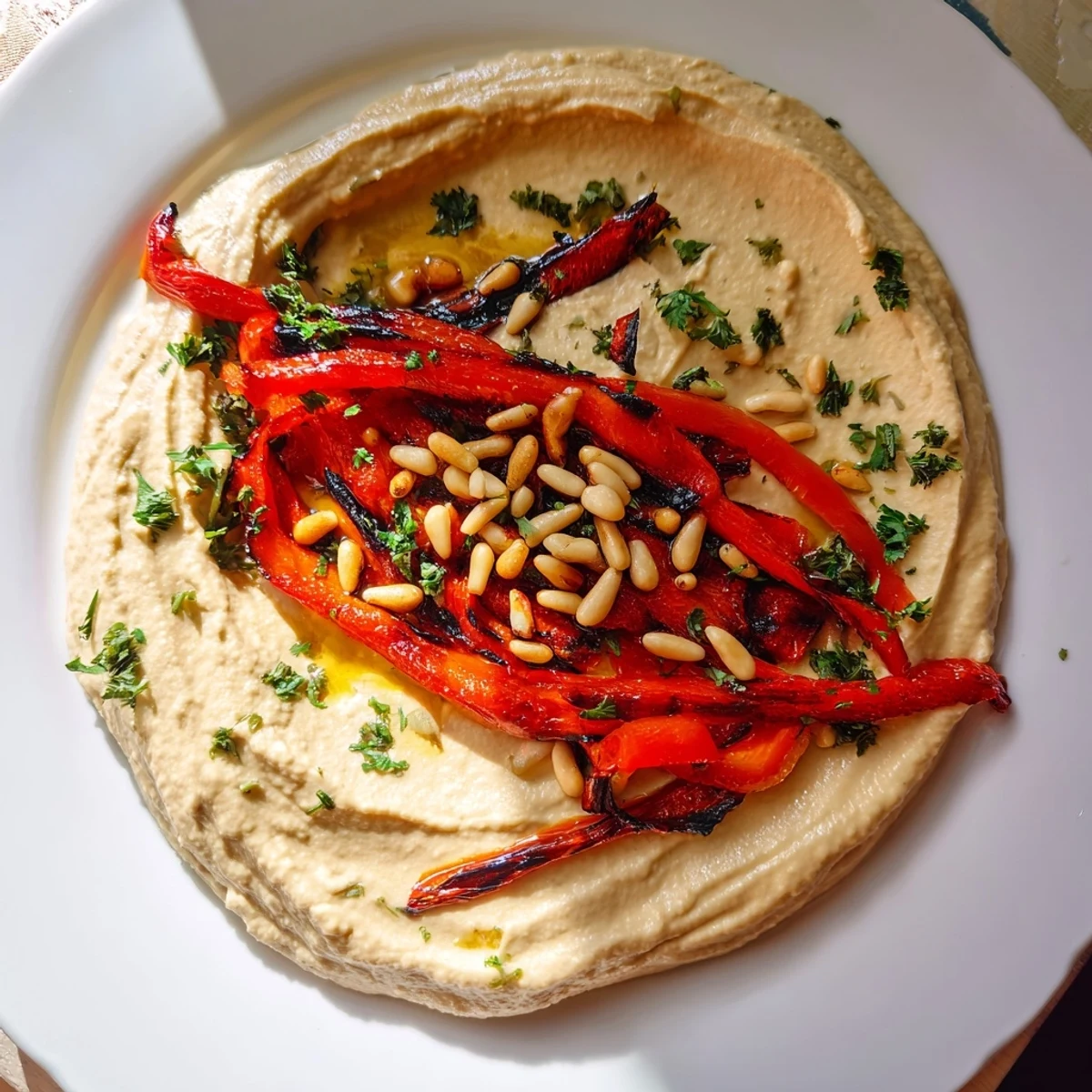 Hummus Roasted Veggies: A vibrant platter of smoky roasted vegetables topping creamy hummus, ready to be devoured.