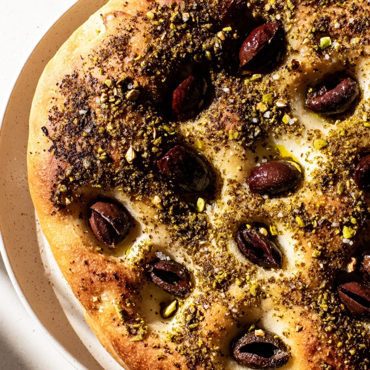 Golden-brown Zaatar Olive Focaccia, a savory bread drizzled with olive oil and sprinkled with herbs and olives.