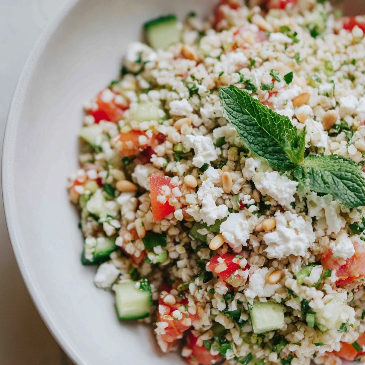 A colorful Tabbouleh Grain Bowl, brimming with fresh herbs and a bright lemon dressing.