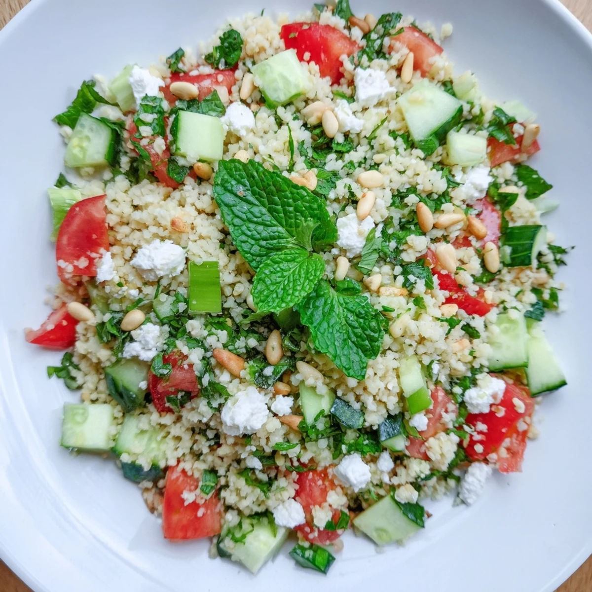 Freshly made Tabbouleh Grain Bowl, served in a bowl, with feta and pine nuts, ready to eat.