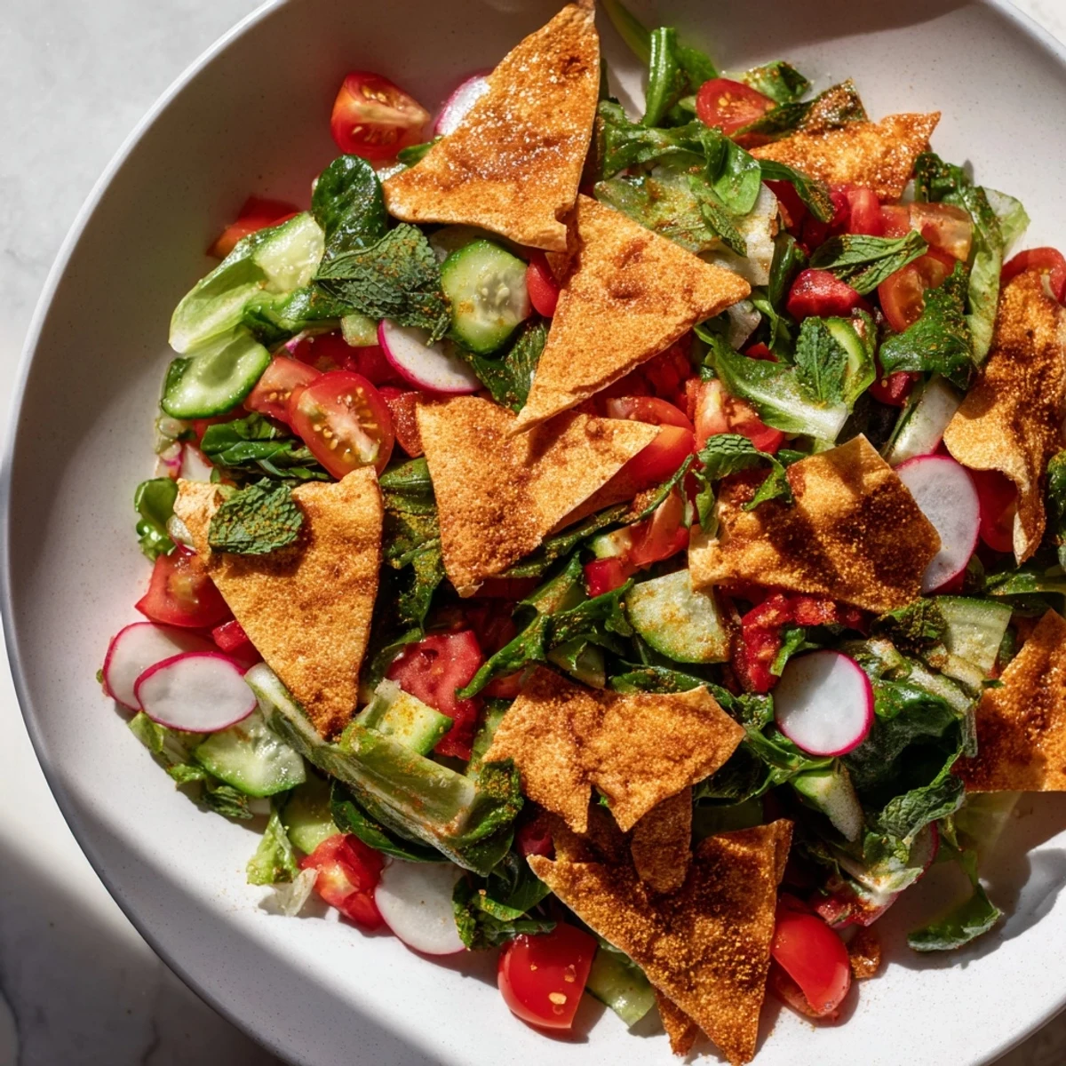 Fresh, vibrant Fattoush Crunch Salad with colorful vegetables and crunchy, seasoned pita chips.