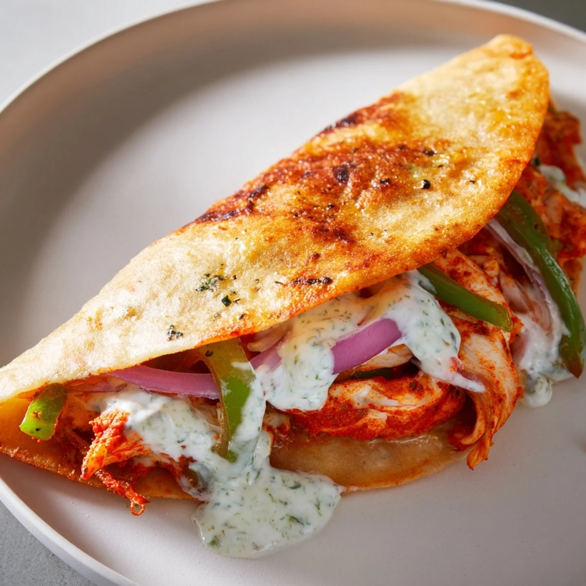 Cheesy Tandoori Chicken Quesadilla, golden brown with visible fillings, served with a cool yogurt dipping sauce.