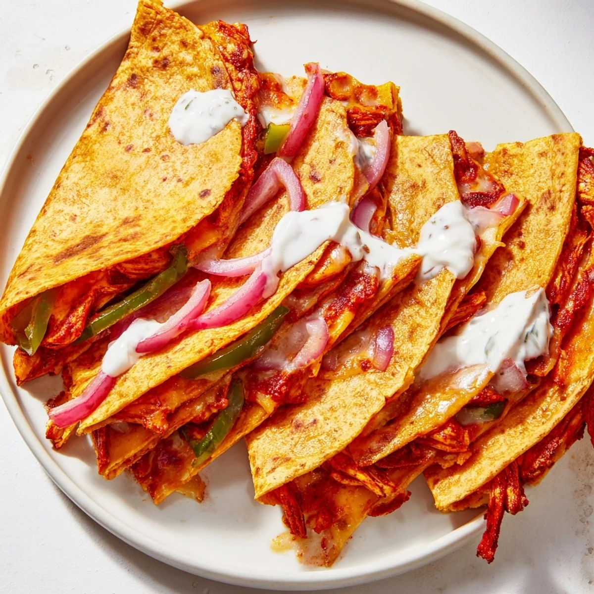 A close-up view of the flavorful Tandoori Chicken Quesadilla, sliced wedges featuring melted cheese and chicken.