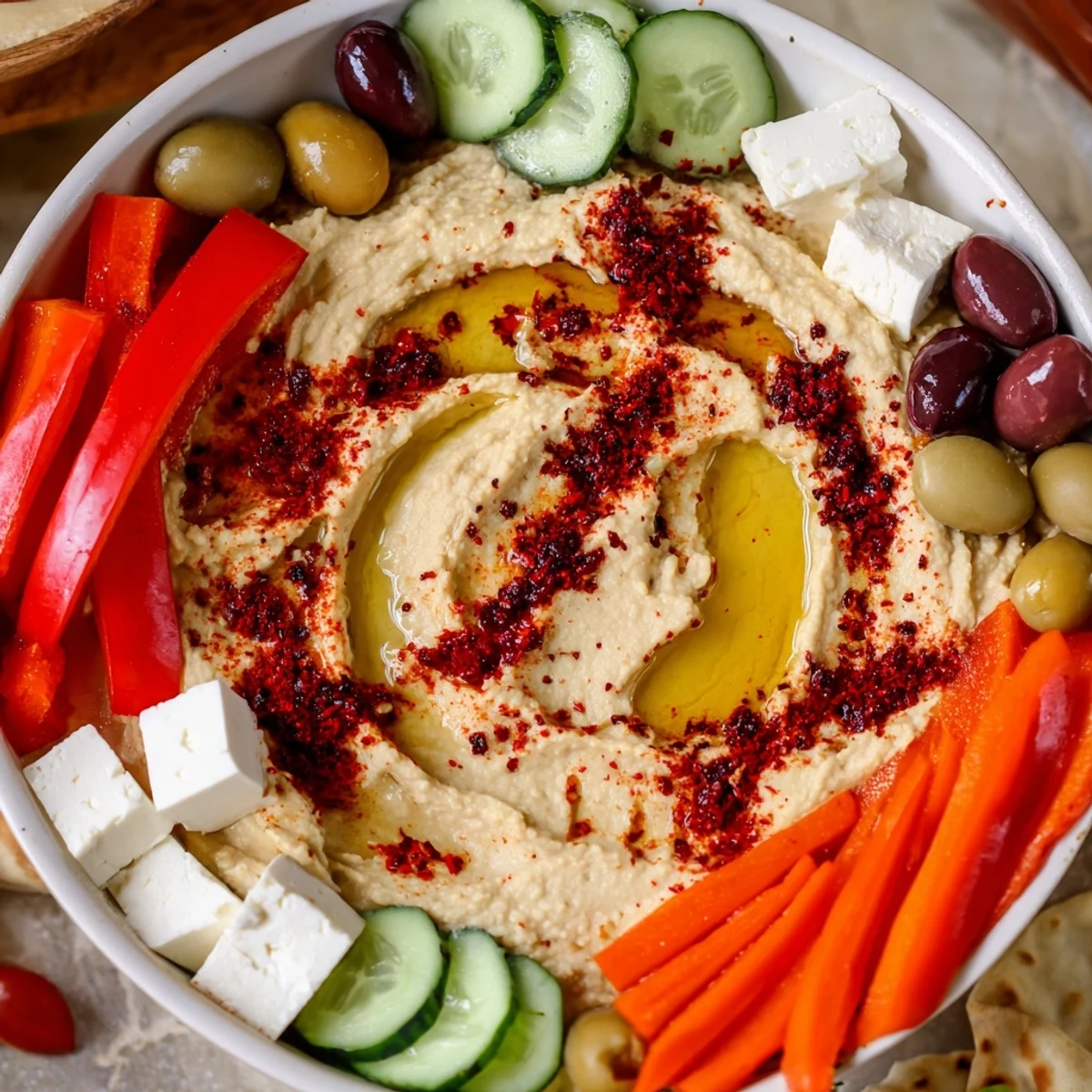 Middle Eastern Mezze Platter: a vibrant spread of hummus, olives, and fresh vegetables ready to be enjoyed.