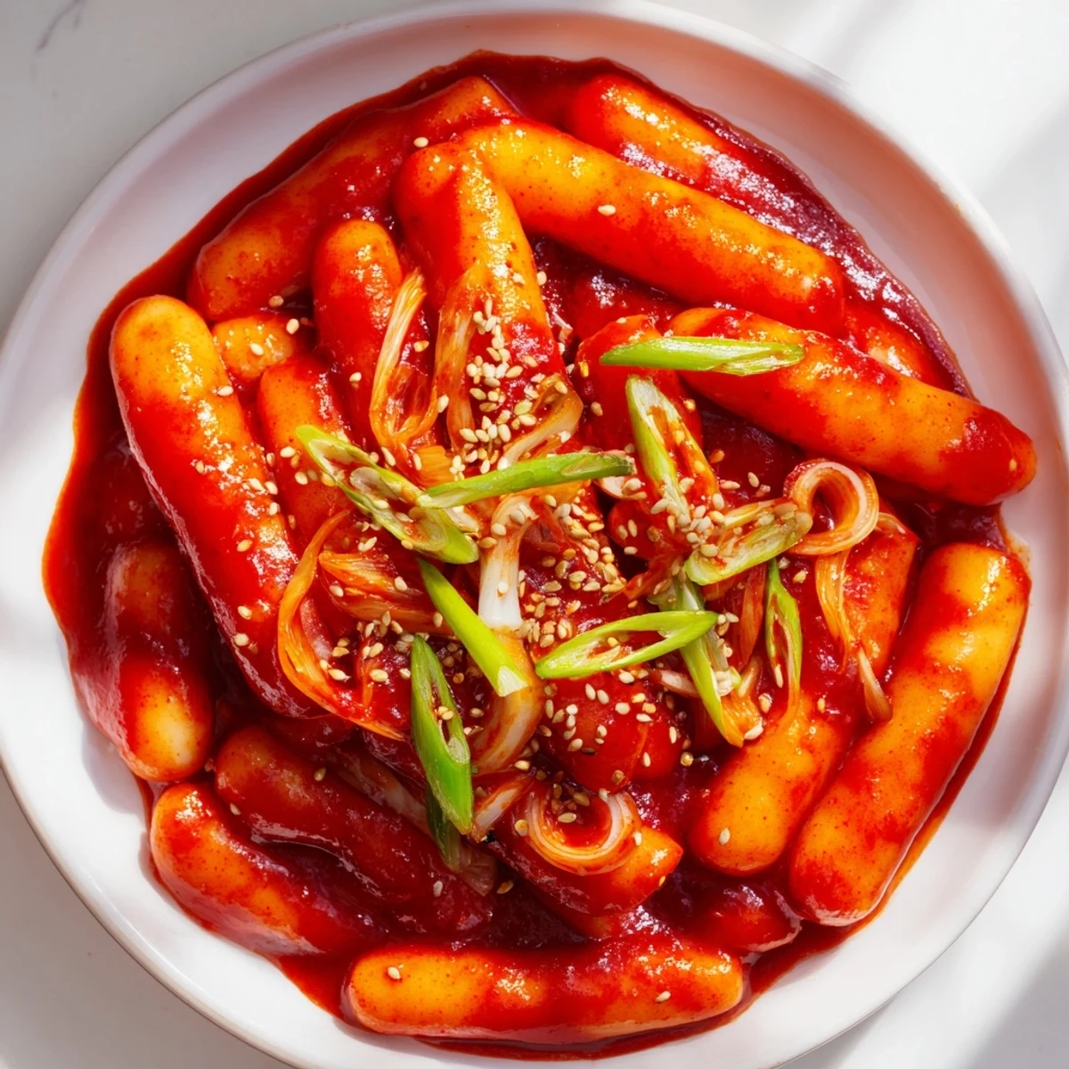 Steaming bowl of Korean Tteokbokki, a vibrant red hue with soft rice cakes and scallions for garnish.