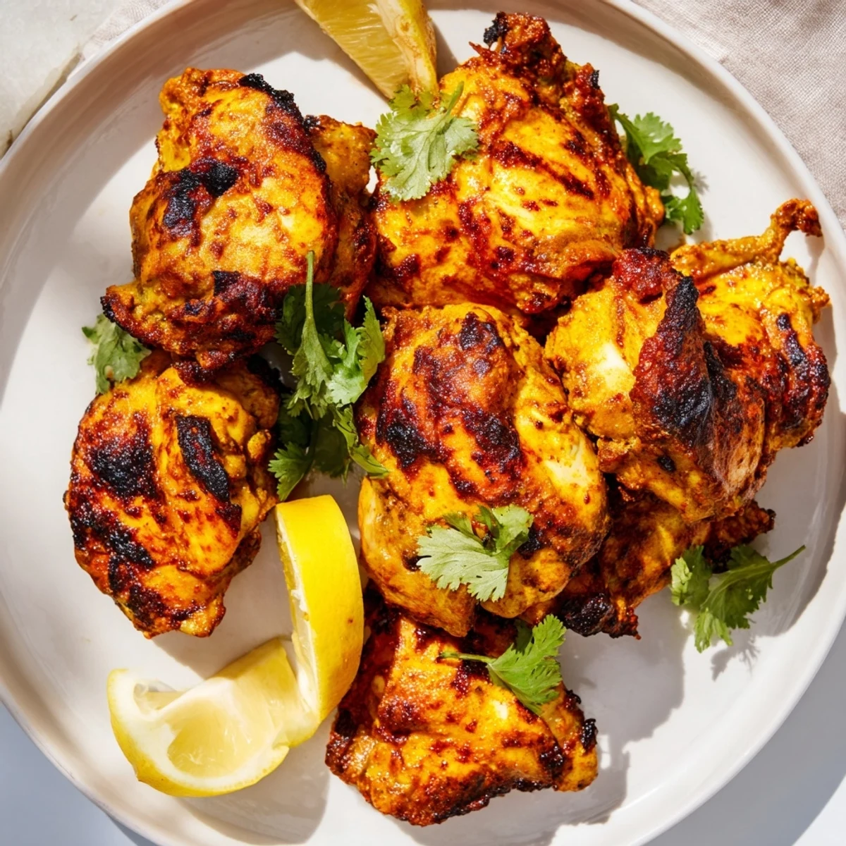 Enjoy a close-up of fragrant Indian Tikka Spiced Chicken, showing perfectly charred edges after roasting.
