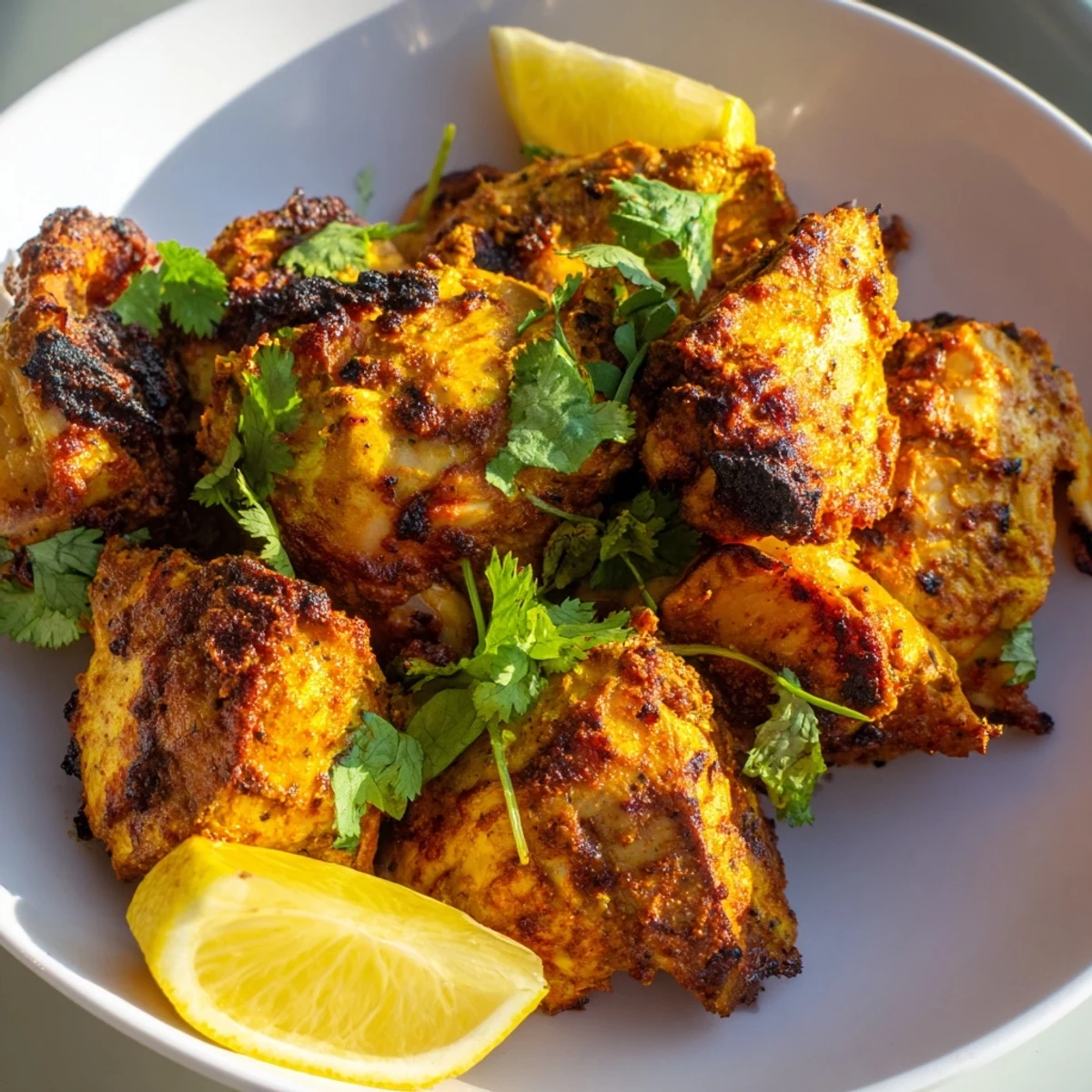 Tender, juicy Indian Tikka Spiced Chicken glistening, served with fresh cilantro and a lemon garnish.