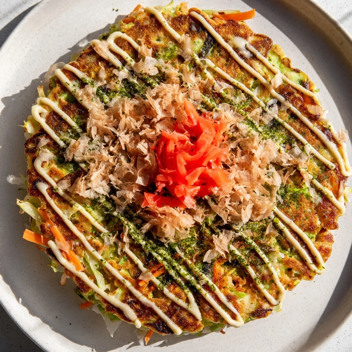 A close-up of delicious okonomiyaki pancakes, crispy on the outside, ready to be enjoyed with friends.