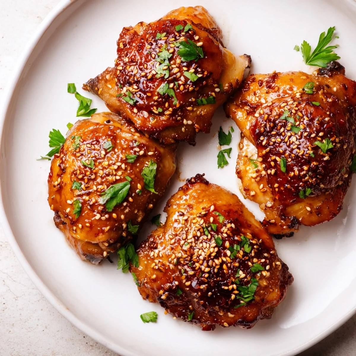 Close-up of succulent Honey Garlic Glazed Chicken with its sticky, savory honey-garlic glaze drizzled over.