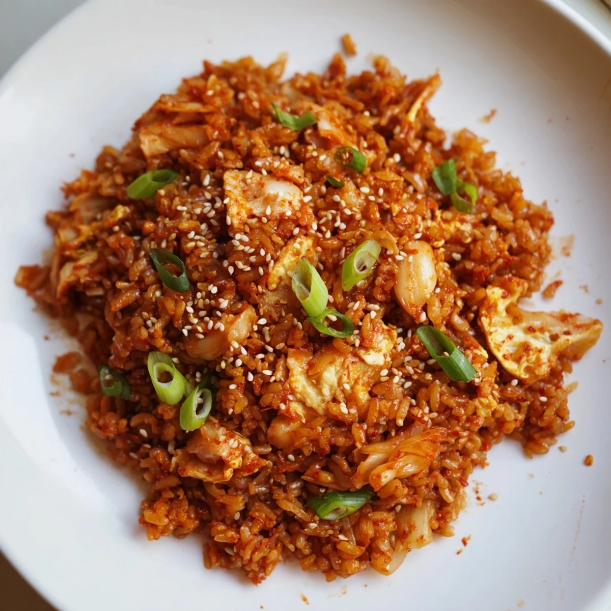 Golden-brown Spicy Kimchi Fried Rice with fluffy rice and visible kimchi pieces, ready to be devoured.