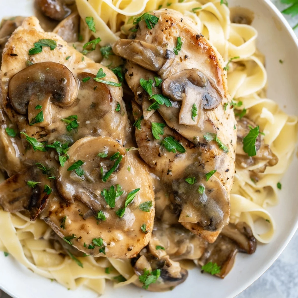 Pan-seared chicken breasts coated in golden, crispy edges, smothered in a creamy Marsala wine and mushroom sauce served over fettuccine.