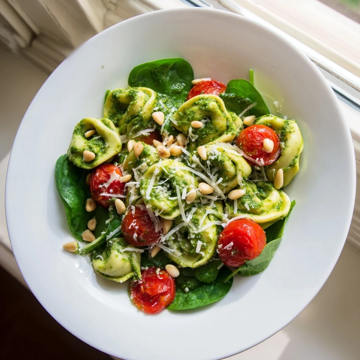Pesto Tortellini Salad served chilled on a white platter, perfect for summer picnics.