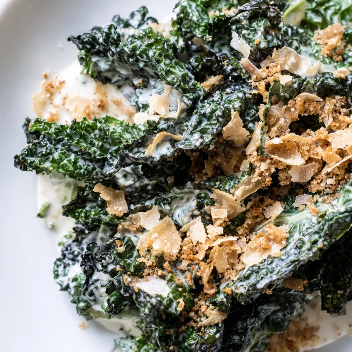 Fresh massaged kale tossed in a creamy garlic Parmesan dressing, topped with golden toasted breadcrumbs.