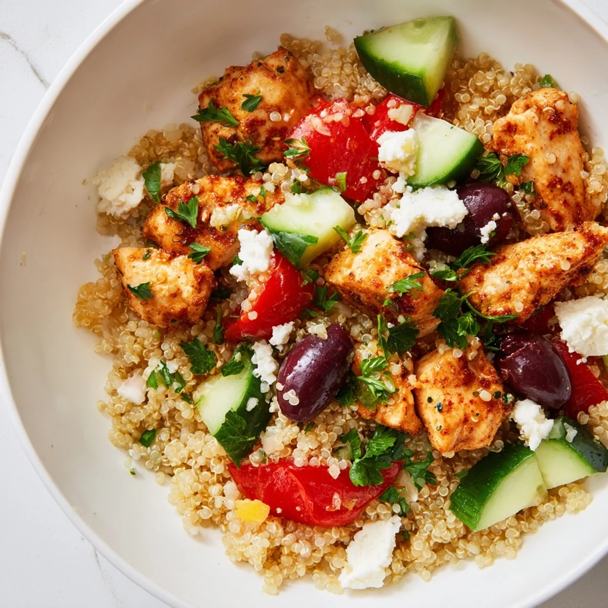 Freshly cooked Mediterranean Chicken Bowl with juicy chicken, feta, olives, chickpeas, cucumber, and quinoa on a white plate.  