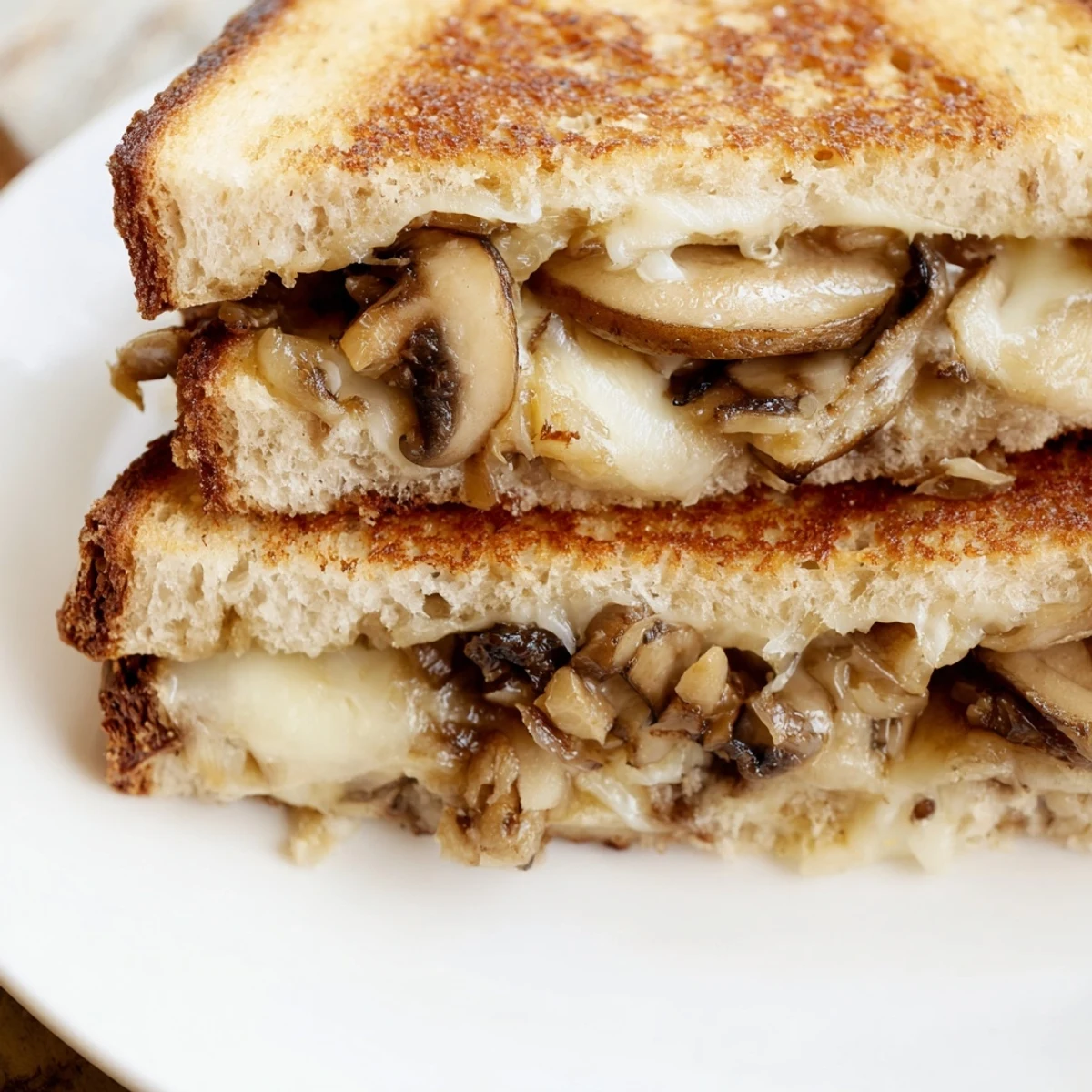 Golden-brown Mushroom Swiss Grilled Cheese sandwich on a wooden board, showing melted Swiss cheese and sautéed mushrooms oozing from between crispy rye bread slices.
