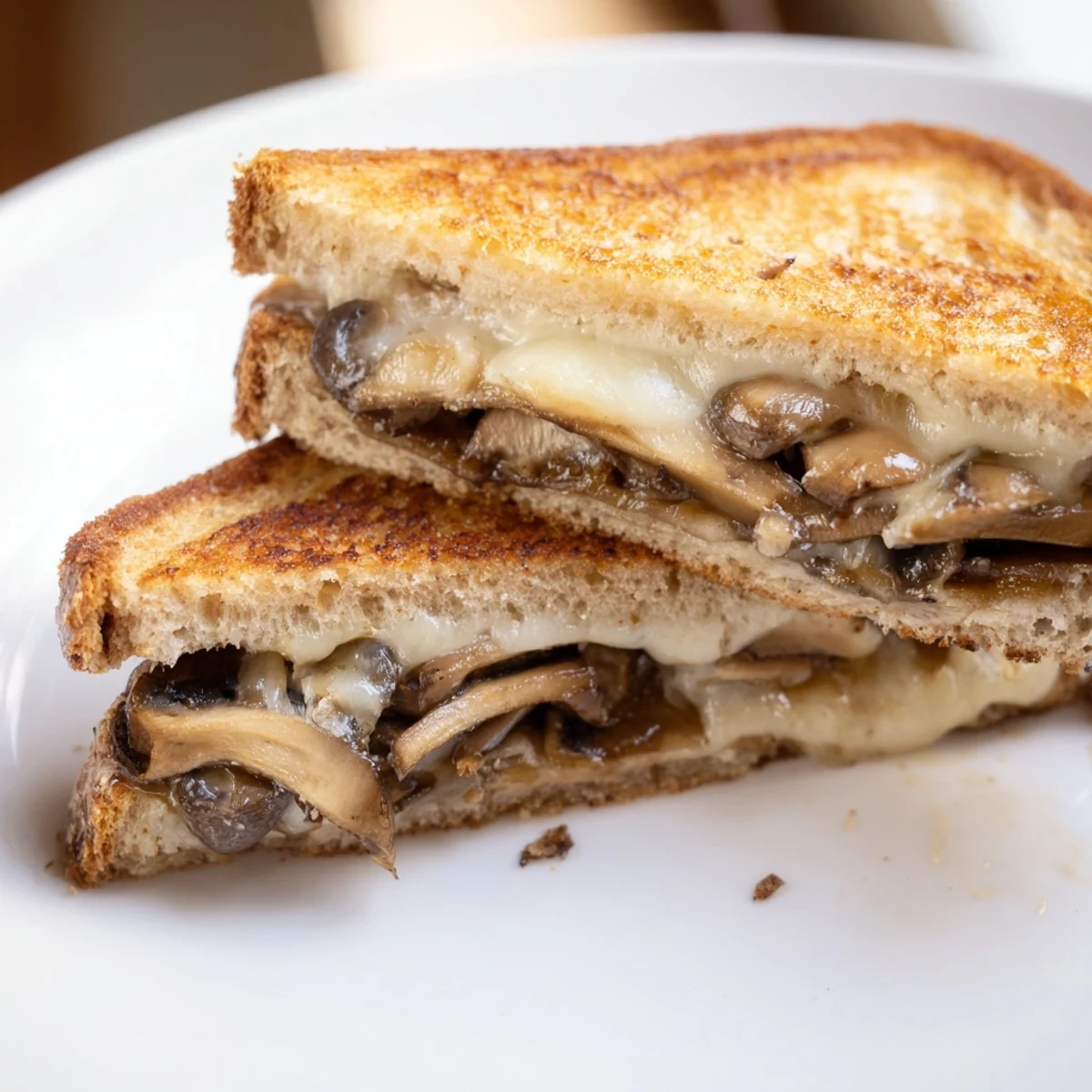 Two toasted Mushroom Swiss Grilled Cheese halves stacked on a white plate, ready to dip into a bowl of creamy tomato soup for a comforting meal.