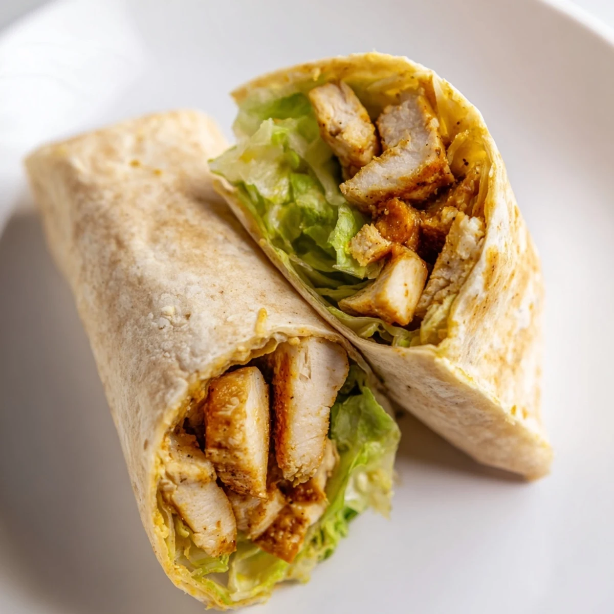 A close-up of a Honey Mustard Chicken Wrap cut in half, revealing juicy chicken tenders, fresh tomato, and shredded romaine with a creamy honey-mustard sauce.