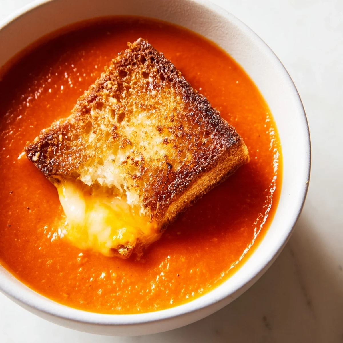 A comforting bowl of roasted tomato soup topped with golden, crispy grilled cheese croutons.