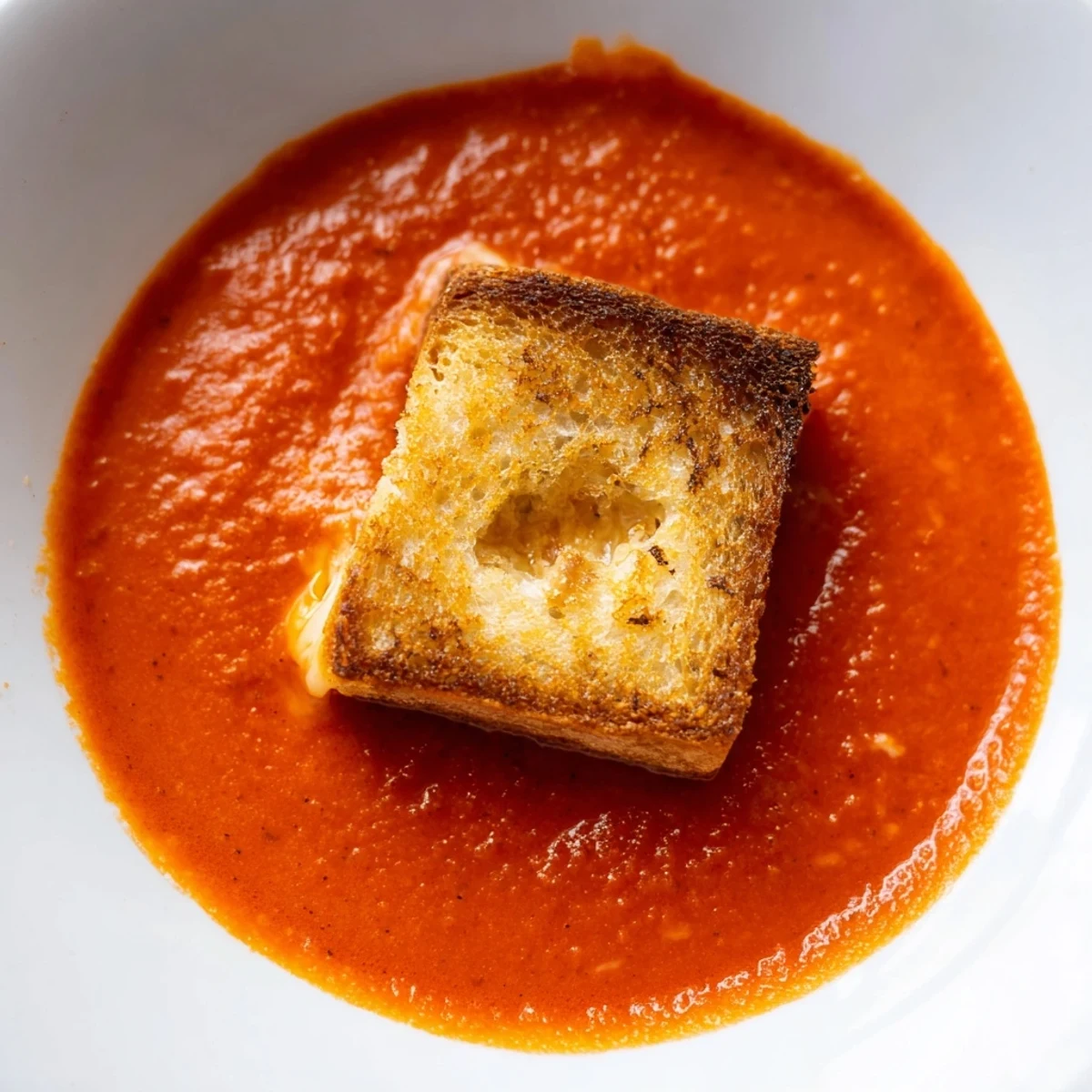 Fresh roasted tomato soup served with bite-sized grilled cheese croutons for a cozy meal.