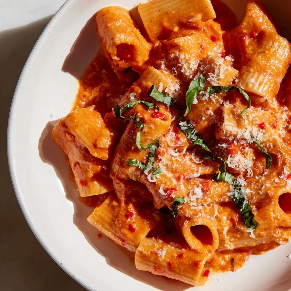 Hearty bowl of spicy rigatoni pasta topped with extra Parmesan and basil, perfect for a cozy vegetarian dinner.