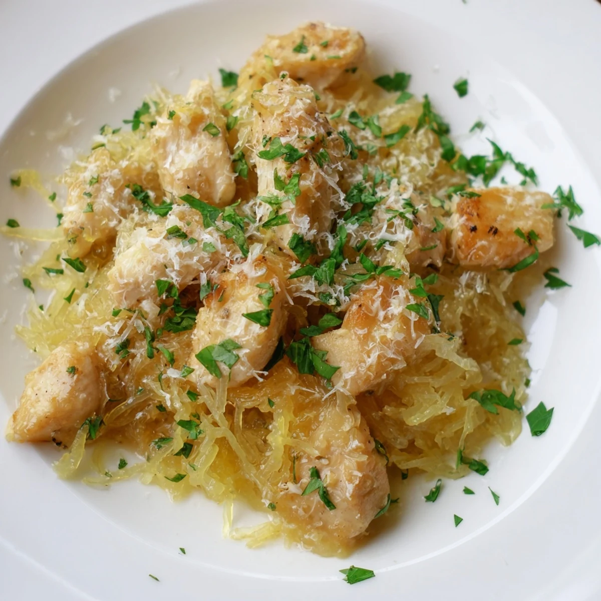Golden strands of roasted spaghetti squash topped with tender lemon garlic chicken, sprinkled with Parmesan and fresh parsley, served on a white plate.