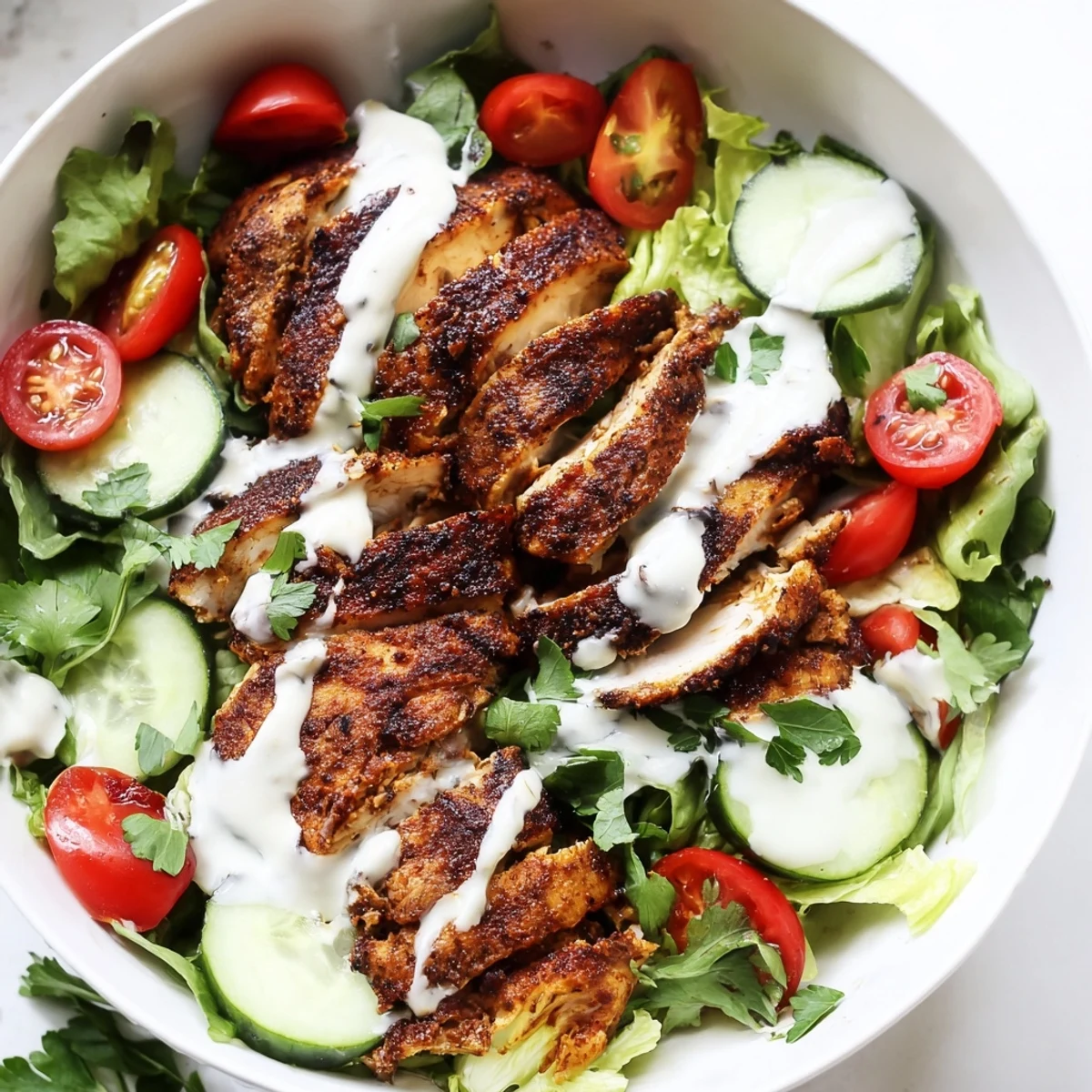 Vibrant Chicken Shawarma Salad Bowl with marinated, juicy chicken slices nestled in crisp greens, cherry tomatoes, cucumbers, and fresh parsley, drizzled with creamy garlic sauce.